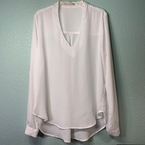 Women’s White Tunic Blouse, V-Neck, Long Sleeve, Small, Button-Cuff, Active USA